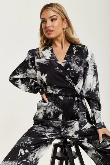 Mono Abstract Print Jumpsuit With Long Sleeves Liquorish